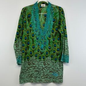Disney Cruise Line Fantasy Peacock Print Kaftan Cover Up Tunic M